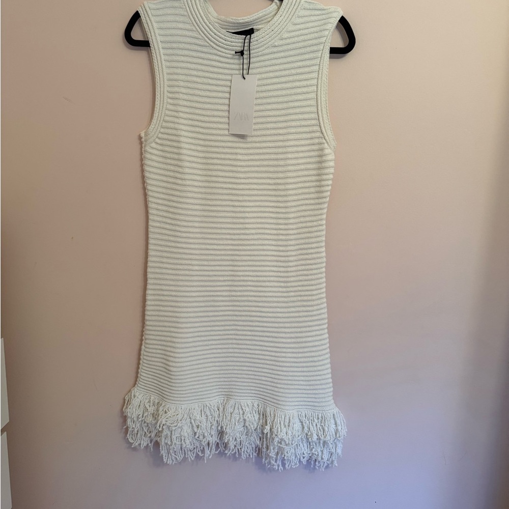 Zara White Textured Midi Dress with Fringe
